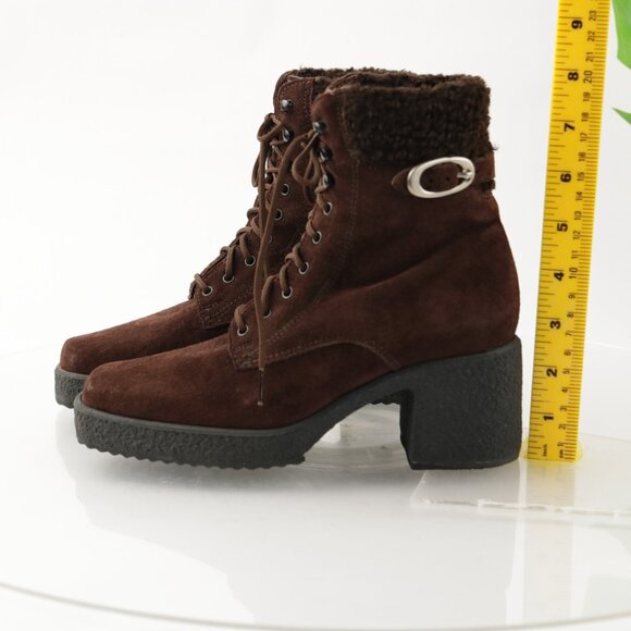 VTG Kamouraska Boot Size 6 Brown Suede Block Heel Lace Up Fur Collar Bootie - Picture 5 of 13